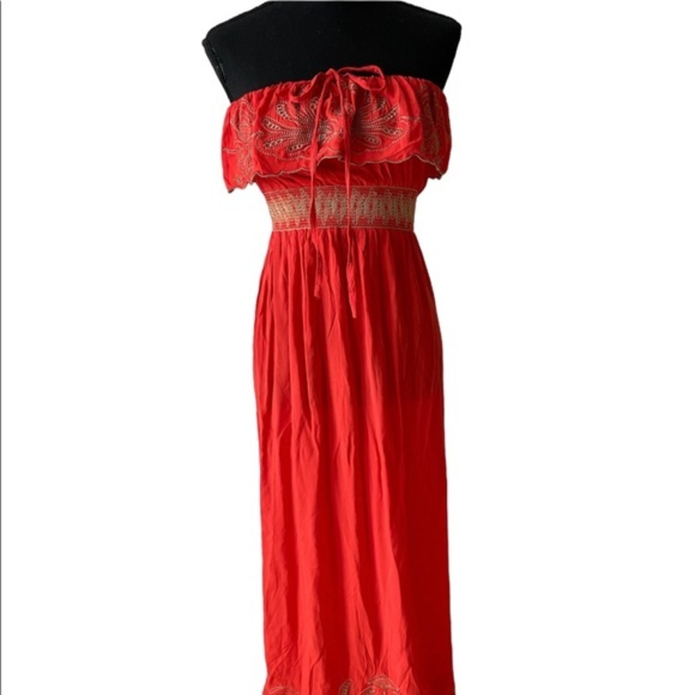 Rosette By Be Cool Red Strapless Embroidered Boho Maxi‎ Dress Small